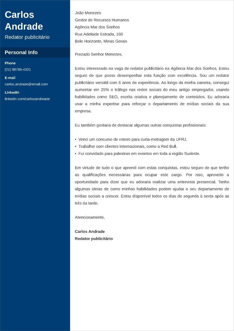 Modelo de carta de apresentação profissional