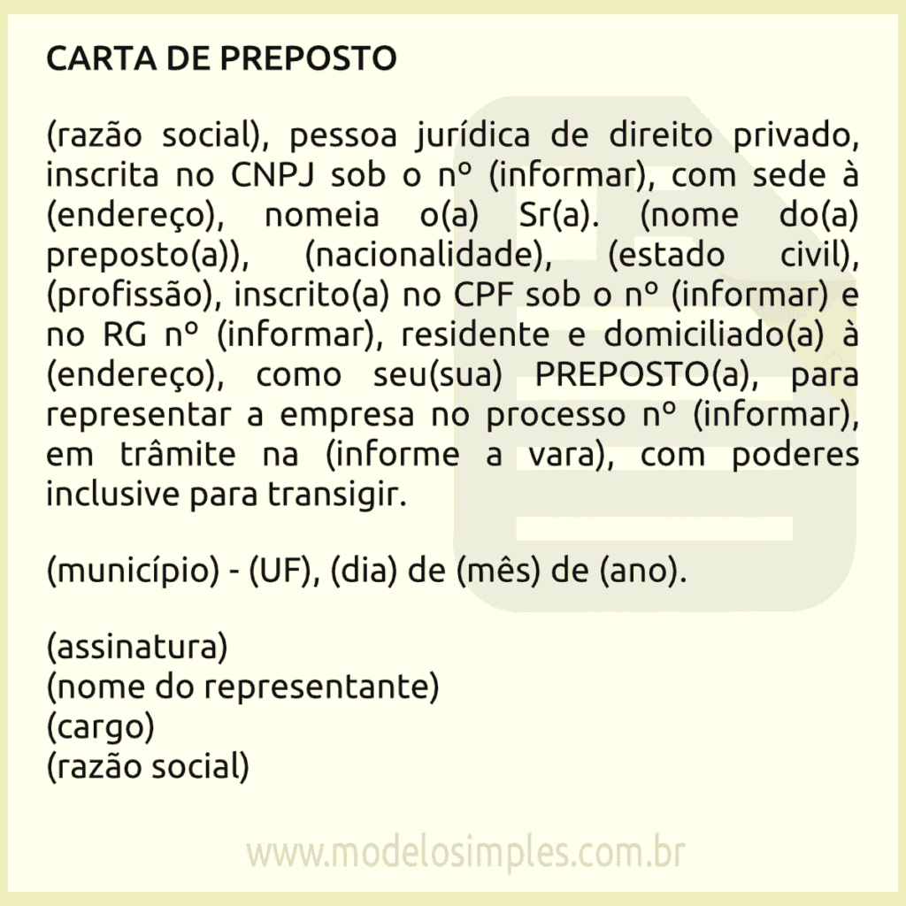 Modelo de carta de preposto para o ministerio do Trabalho Modelo de carta de preposto trabalhista Modelo de carta de preposto word Carta de preposto para representar empresa Modelo carta de preposto pessoa física Modelo de carta de preposto civil Modelo de carta de preposto para audiência Carta de preposto trabalhista word