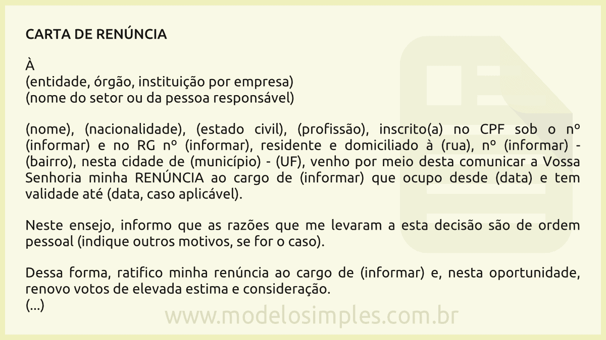 Modelo de carta de renúncia exemplo